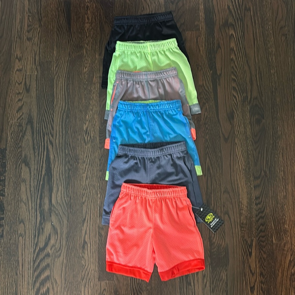 6 Boys Athletic Works Shorts - Black, Green, 2 Gray, Blue, Orange, XS 4-5